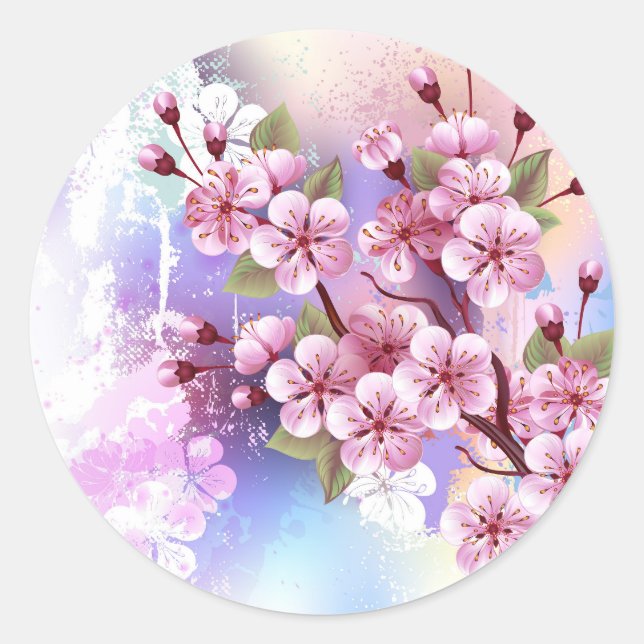 Sticker Rond Sakura rose sur la peinture Arrière - plan (Devant)