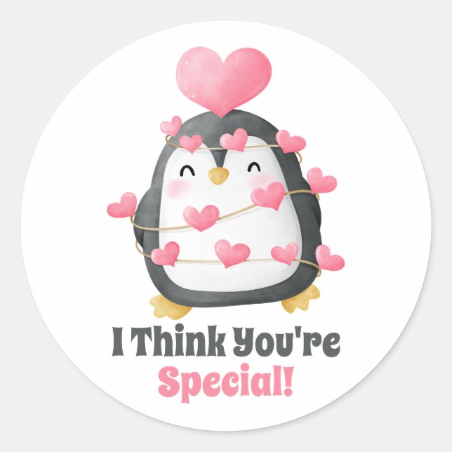 Sticker Rond Salle de classe Saint-Valentin Penguin Coeurs rose (Devant)