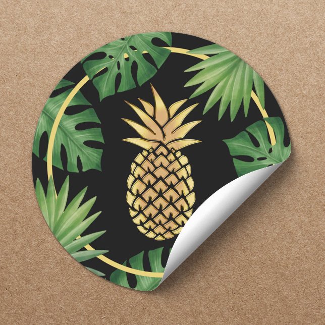 Sticker Rond Salon de Spa aux Feuilles Tropicales Ananas Or Mod (Créateur téléchargé)