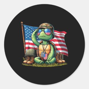Sticker Rond Saluer Turtle American Usa Drapeau Jour commémorat