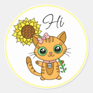 Sticker Rond Salut et Hugs   Cute chat avec tournesol