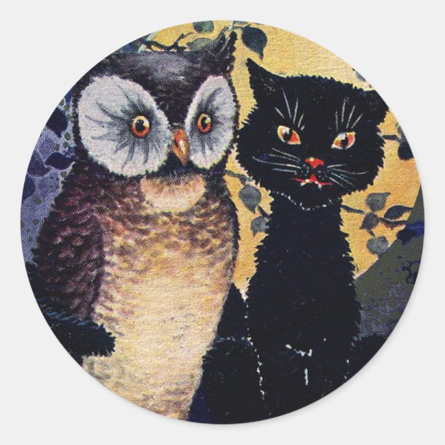 Sticker Rond Salutation de la Chouette vintage et du Chat (Devant)