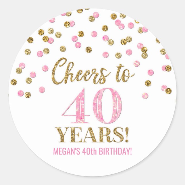 Sticker Rond Salutations à 40 Anniversaire Gold Pink Confetti (Devant)
