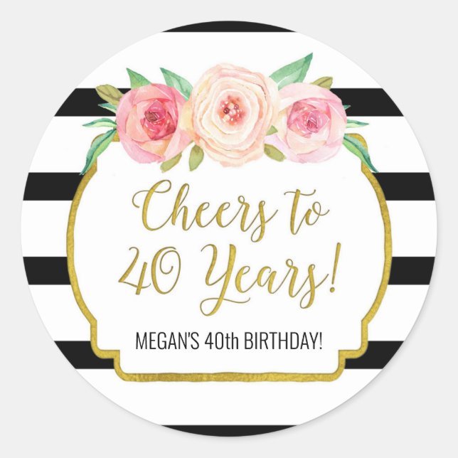 Sticker Rond Salutations à 40 ans Anniversaire Fleurs de rayure (Devant)