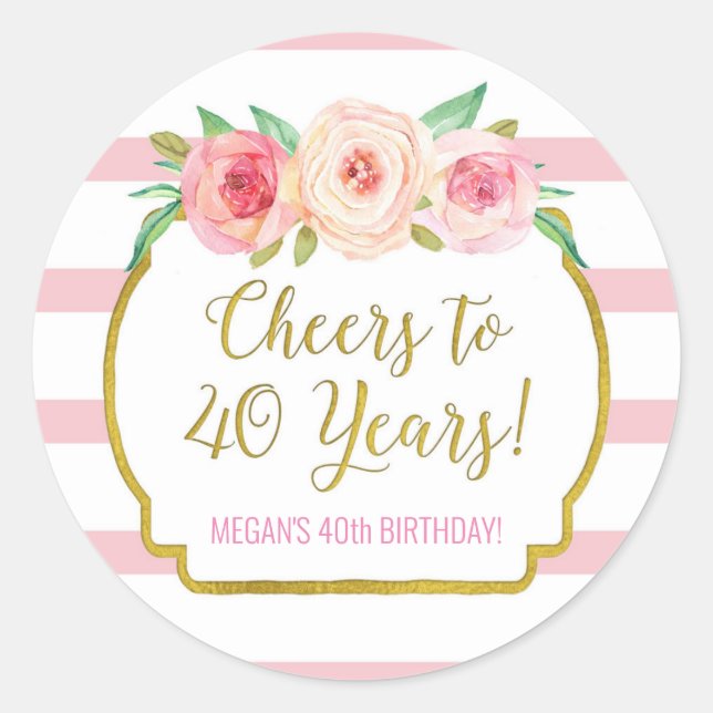 Sticker Rond Salutations à 40 ans Anniversaire rose Fleurs (Devant)