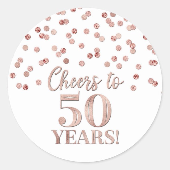 Sticker Rond Salutations à 50 Anniversaire Rose Gold Confetti (Devant)