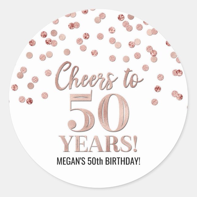 Sticker Rond Salutations à 50 Anniversaire Rose Gold Confetti (Devant)