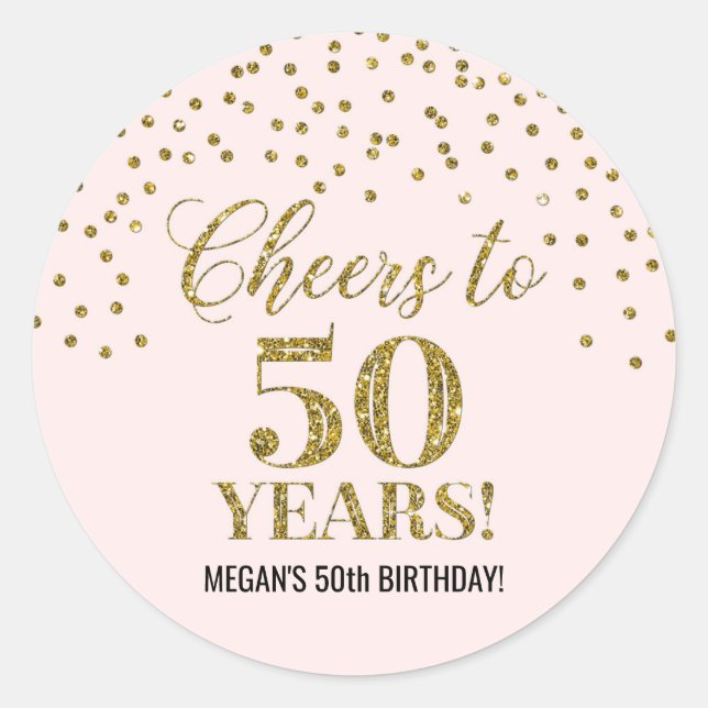 Sticker Rond Salutations à 50 ans Anniversaire Blush Gold Confe (Devant)