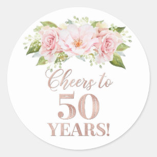 Sticker Rond Salutations à 50 ans Anniversaire Rose Fleurs d'or