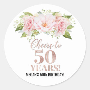 Sticker Rond Salutations à 50 ans Anniversaire Rose or rose Flo