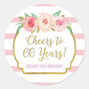 Sticker Rond Salutations à 60 ans Anniversaire rose Fleurs