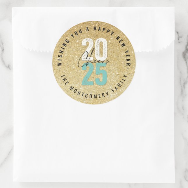 Sticker Rond Salutations Aqua 2025 Gold Parties scintillant Nou (Sac)