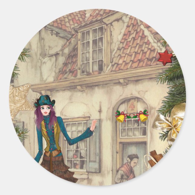 Sticker Rond Salutations de Noël Anton Pieck (Devant)