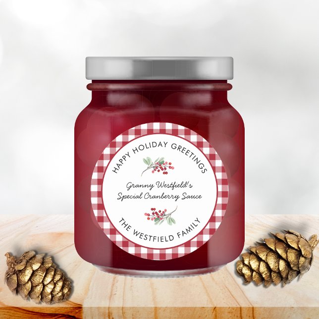 Sticker Rond Salutations de vacances Bourgogne chèque cadeau de (Happy Holiday Greetings Burgundy Buffalo Plaid Food Gift Round Jar Label)