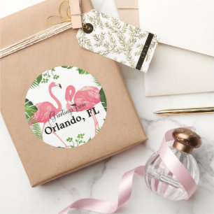 Sticker Rond Salutations d'Orlando, FL—flamants roses