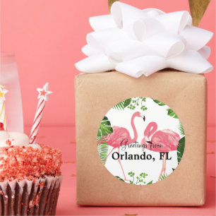 Sticker Rond Salutations d'Orlando, Floride, Flamants roses ros