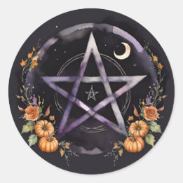 Sticker Rond Samhain Pentacle & Fall Pumpkins Witch