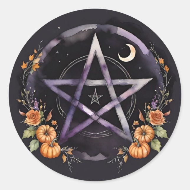 Sticker Rond Samhain Pentacle & Fall Pumpkins Witch (Devant)