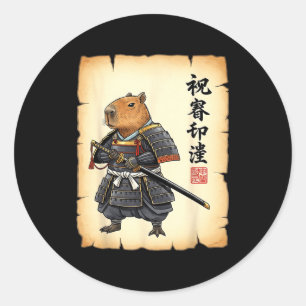 Sticker Rond Samouraï Capybara Art Japonais Graphique Vintage D