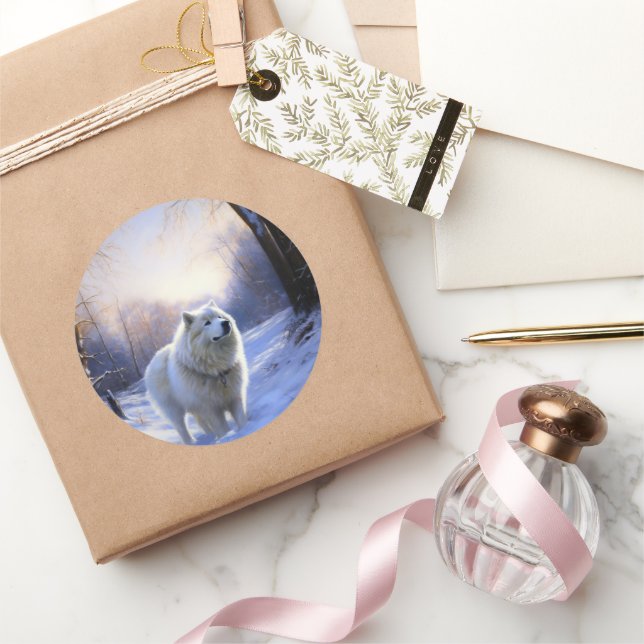 Sticker Rond Samoyède Qu'il neige Noël (Cadeaux)