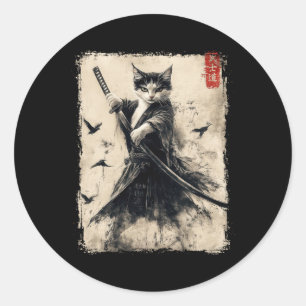 Sticker Rond Samurai Cat Graphic Tee Warrior Vintage Japonais A
