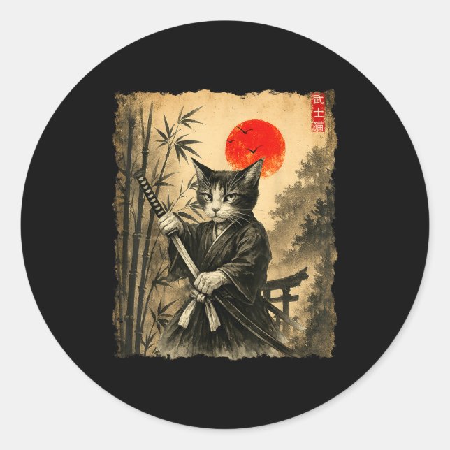 Sticker Rond Samurai Cat Japanese Art Men Boys Funny Graphic Te (Devant)