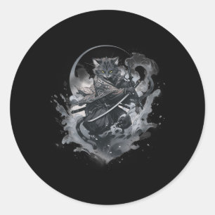 Sticker Rond Samurai Chat Anime Japonais Ninja Guerrier Aesthét