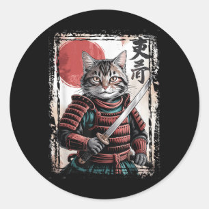 Sticker Rond Samurai Chat Guerrier Ukiyo Ink Artwork Cat Samura
