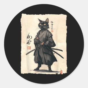 Sticker Rond Samurai Chat Japonais Anime Amoureux des chats Drô