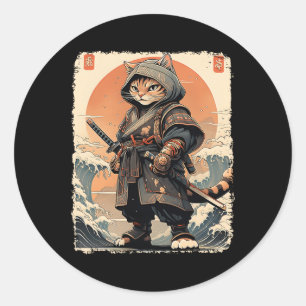 Sticker Rond Samurai Chat Katana Full Gear Warrior Fighor Japan