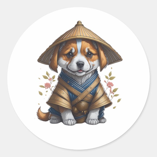 Sticker Rond Samurai Corgi Puppy (Devant)