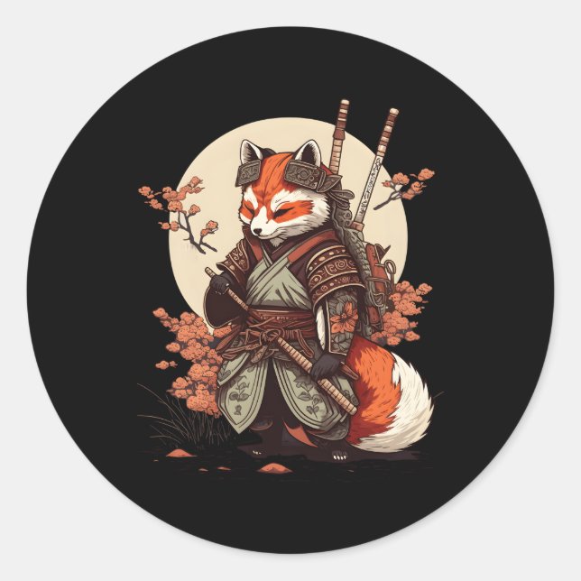 Sticker Rond Samurai Fox guerrier japonais Ninja Fox Kawaii (Devant)