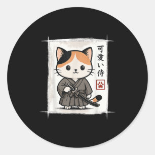 Sticker Rond Samurai Kitten Japonais Anime Kawaii Drôle Chat Ho