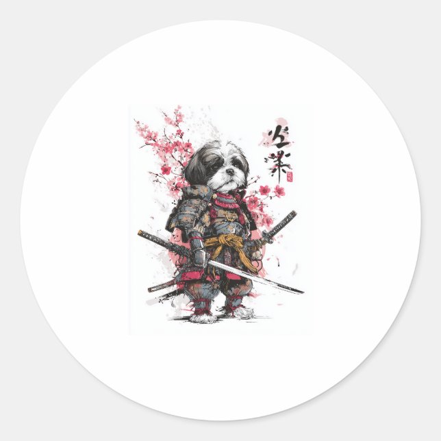 Sticker Rond Samurai Shih Tzu � chien guerrier épique (Devant)