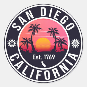 Sticker Rond San Diego California Retro Sunset Souvenirs 80s