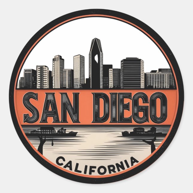 Sticker Rond San Diego California Skyline Art moderne Cityscape (Devant)