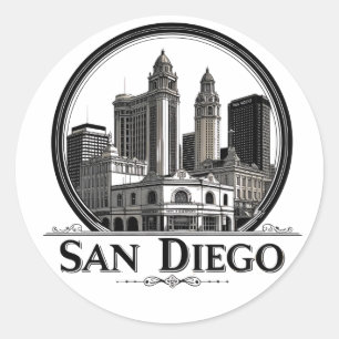 Sticker Rond San Diego California Skyline Art moderne Cityscape