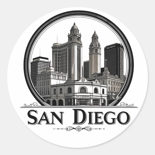 Sticker Rond San Diego California Skyline Art moderne Cityscape (Devant)