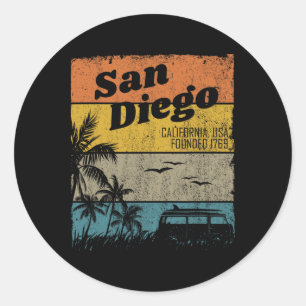 Sticker Rond San Diego Vintage Californie Plage Surf Rétro S