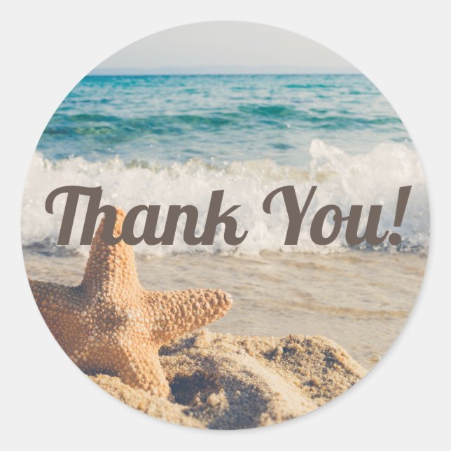 Sticker Rond Sandy Beach Ocean Waves Starfish Merci (Devant)