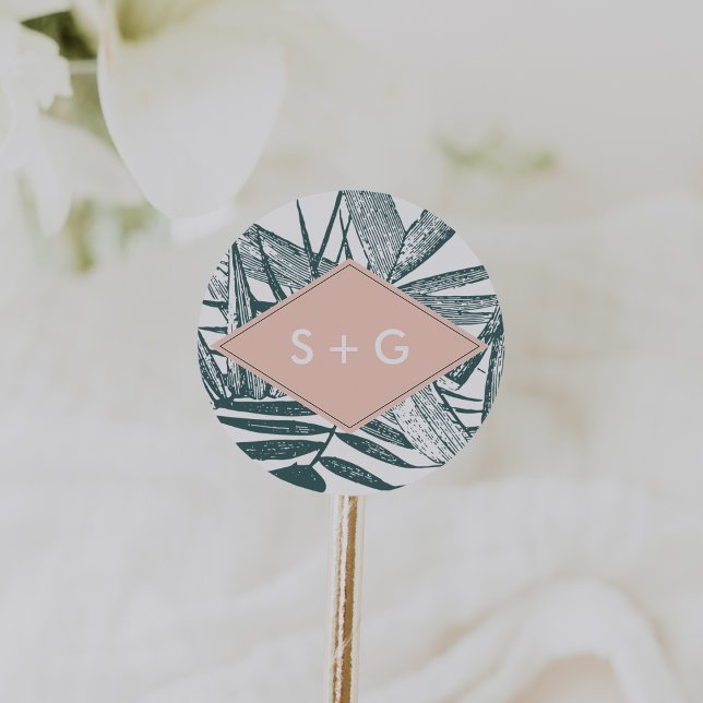 Sticker Rond Sanibel | Monogramme de Mariage botanique tropical (Créateur téléchargé)