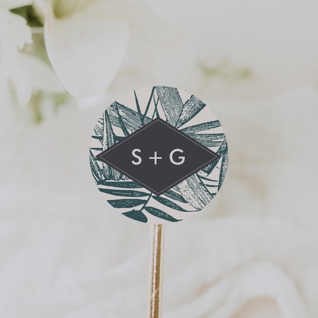 Sticker Rond Sanibel | Vintage Mariage tropical Monogramme (Créateur téléchargé)