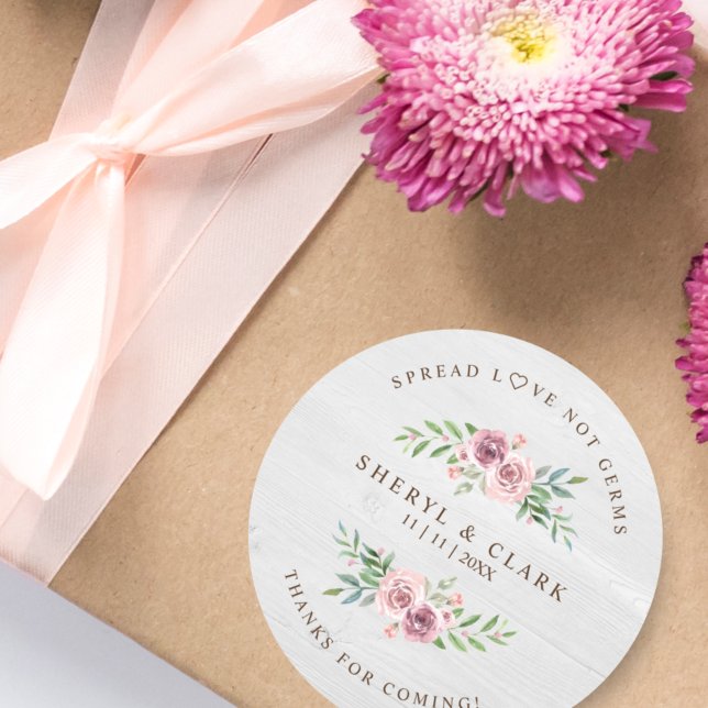 Sticker Rond Sanitizer Mariage à fleurs en bois blanc personnal (Créateur téléchargé)