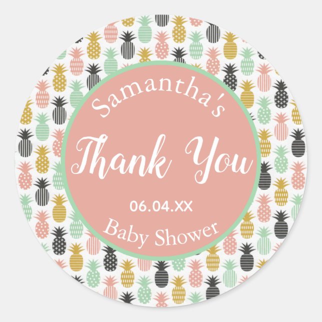Sticker Rond sans sexe merci baby shower ananas (Devant)