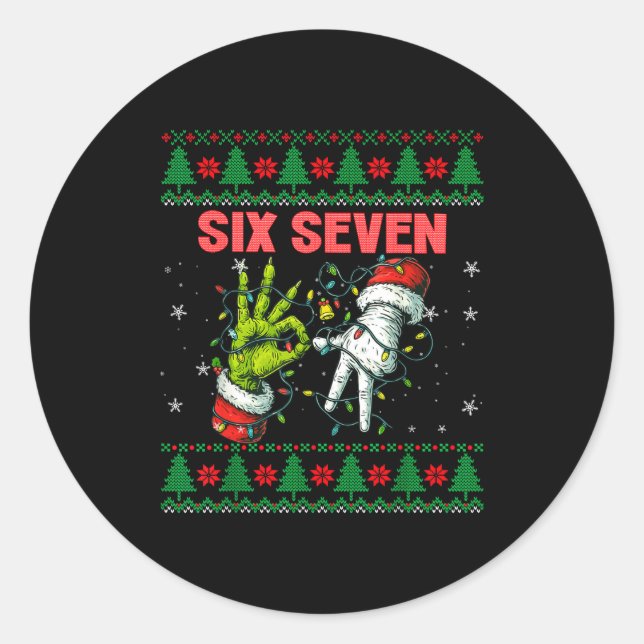 Sticker Rond Santa 67 Christmas Ugly Sweater Fingers Six Seven  (Devant)