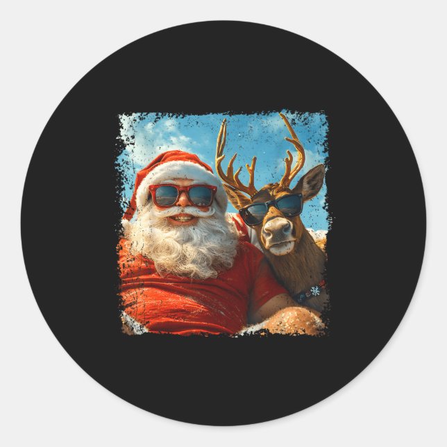 Sticker Rond Santa And Reindeer Selfie Funny Christmas Vacation (Devant)