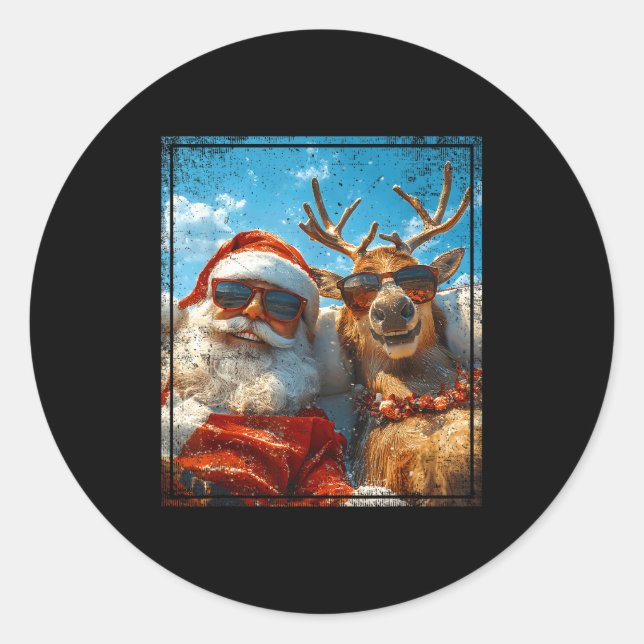 Sticker Rond Santa And Reindeer Selfie Funny Christmas Vacation (Devant)