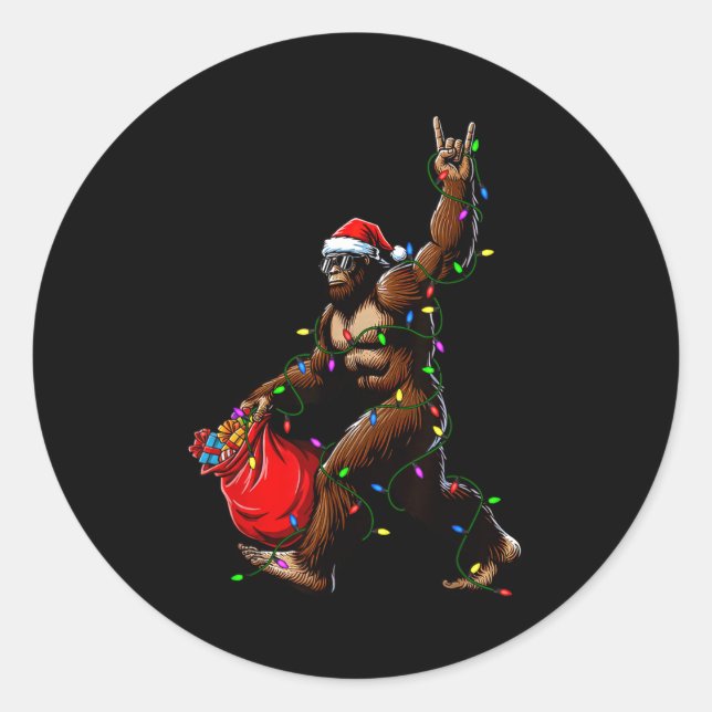 Sticker Rond Santa Bigfoot Christmas Tree Lights Rock Funny Sas (Devant)