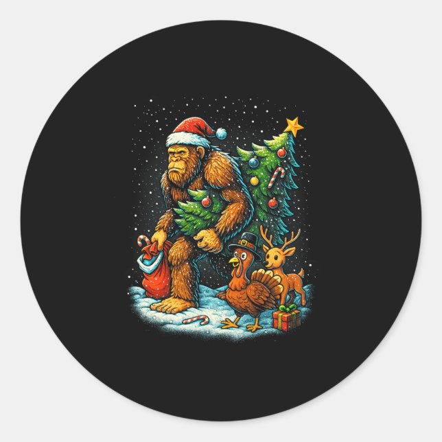 Sticker Rond Santa Bigfoot Christmas Tree Turkey Reindeer Thank (Devant)