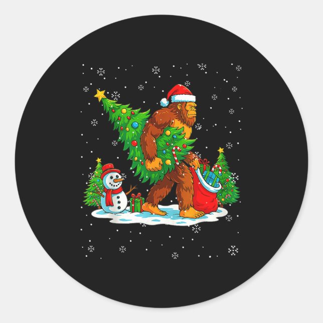 Sticker Rond Santa Bigfoot Christmas Tree Xmas Lights Funny Sas (Devant)